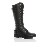 AJVANI Women's Low Heel Lace Up Calf Military Faux Leather Biker Boots in Black | Size: 8 AJVANI Black 8