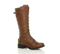 Ajvani womens low heel lace up zip biker army combat military calf boots Tan Matte UK 6 / EU 39 / US 8