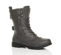 AJVANI Women's Low Heel Lace Up Zips Military Biker Faux Leather Ankle Boots in Grey | Size: 3 AJVANI Grey 3