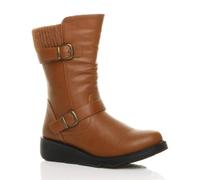 AJVANI Women's Low Wedge Heel Comfort Calf Biker Boots in Tan | Size: 6