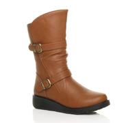 AJVANI Women's Low Wedge Heel Comfort Calf Biker Boots in Tan | Size: 8