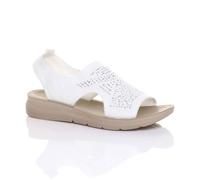 AJVANI Women's Low Wedge Heel Slingback Diamante Summer Holiday Comfort Sandals in White | Size: 8