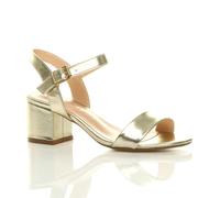 AJVANI Women's Mid Block Heel Ankle Strap Faux Leather Heeled Sandals in Metallic Gold | Size: 6 AJVANI Metallic Gold 6