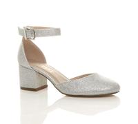 AJVANI Women's Mid Block Heel Ankle Strap Glitter Mesh 2 Part Heels in Silver | Size: 5 AJVANI Silver 5