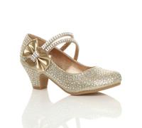 AJVANI Women's Mid Block Heel Bow Diamante Mary Janes in Gold | Size: 1 AJVANI Gold 1