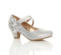 AJVANI Women's Mid Block Heel Bow Diamante Mary Janes in Silver | Size: 1 AJVANI Silver 1
