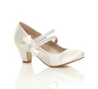 AJVANI Women's Mid Block Heel Bow Satin Mary Janes in Ivory | Size: 10 AJVANI Ivory 10