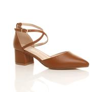 AJVANI Women's Mid Block Heel Crossed Strap Pointed Toe 2 Part Heels in Tan | Size: 7