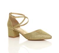 AJVANI Women's Mid Block Heel Crossed Strap Pointed Toe Glitter Mesh 2 Part Heels in Gold | Size: 7 AJVANI Gold 7