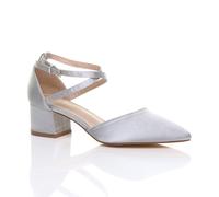 AJVANI Women's Mid Block Heel Crossed Strap Pointed Toe Satin 2 Part Heels in Silver | Size: 8 AJVANI Silver 8