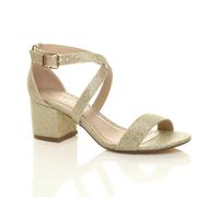 AJVANI Women's Mid Block Heel Crossed Straps Glitter Mesh Heeled Sandals in Gold | Size: 3 AJVANI Gold 3