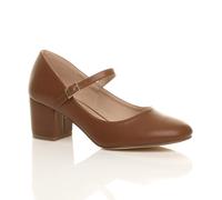 Mid Block Heel Mary Jane Faux Leather Court Shoes AJVANI Tan 7