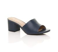 AJVANI Women's Mid Block Heel Peep Toe Mules Faux Leather Heeled Sandals in Navy | Size: 4 AJVANI Navy 4