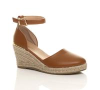 AJVANI Women's Mid Wedge Heel Ankle Strap Espadrille Sandals in Tan | Size: 6