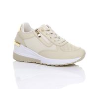 AJVANI Women's Mid Wedge Heel Lace Up Gold Zip Trainers in Beige | Size: 6