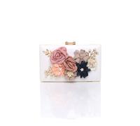 AJVANI Women's Rectangle Hard Shell Flower Pearl Evening Party Wedding Clutch Bag in White