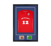AK Frames 90X60Cm Matte Black Football Shirt Frame With Blue Mount - 58X40Cm Shirt Window Plus Two 5X3.5" Photo Apertures