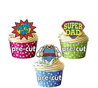 AK Gifts PRE-CUT Super Dad - 12 Cup Cake Toppers - Edible Stand Up Decorations