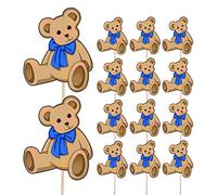 AK Giftshop Baby Boy - Teddy Blue Ribbon - Baby Shower - Christening - Gender Reveal - 1st Birthday - Party Food Cup Cake Picks Sticks Decorations Toppers Food Flags (pack of 14)