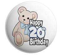 AK Giftshop Blue Teddy Bear 20th Birthday Badge - Large Pin Badge 75mm / 3"