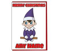AK Giftshop Fun Personalised Purple Elf Christmas Card For A Child - Boys - Girls - Son - Daughter - Grandaughter - Grandson -