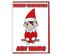 AK Giftshop Fun Personalised Red Elf Christmas Card For A Child - Boys - Girls - Son - Daughter - Grandaughter - Grandson -
