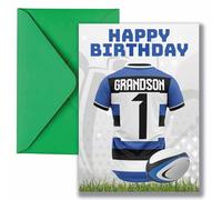 AK Giftshop Grandson Rugby Birthday Card, Jersey Design, A5 Size, with Green Envelope - CUSTOM WITH ANY NUMBER (BATH COLOURS)