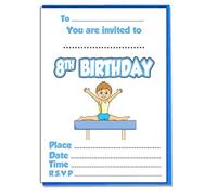 AK Giftshop Kids Boys Gymnastics Themed Invites - Birthday Boys Girls - Pack of 20 Invitations and Coloured Envelopes (8th Birthday)
