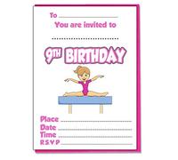 AK Giftshop Kids Girl Gymnastics Themed Party Invites - Birthday Boys Girls - Pack of 30 Invitations and Coloured Envelopes (9th Birthday)