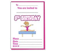 AK Giftshop Kids Girls Gymnastics Themed Invites - Birthday Boys Girls - Pack of 20 Invitations and Coloured Envelopes (8th Birthday)