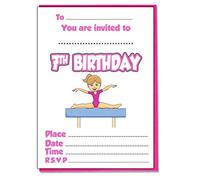 AK Giftshop Kids Girls Gymnastics Themed Invites - Birthday Boys Girls - Pack of 20 Invitations and Coloured Envelopes (7th Birthday)