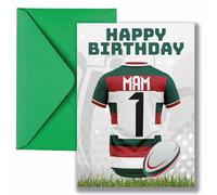 AK Giftshop Mam Rugby Birthday Card, Jersey Design, A5 Size, with Green Envelope - CUSTOM WITH ANY NUMBER (LEICESTER COLOURS)