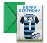 AK Giftshop Nephew Rugby Birthday Card, Jersey Design, A5 Size, with Green Envelope - CUSTOM WITH ANY NUMBER (CARDIFF COLOURS)
