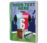 AK Giftshop Personalised A5 Rugby Jersey Notebook, Custom Text and Shirt with Player Name Number, Spiral Bound with Protective Cover (HARLEQUINS COLOURS)