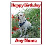 AK Giftshop Personalised Birthday Card - Yellow Labrador Dog In Poppy Field - ADD A NAME AND AGE