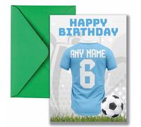 AK Giftshop Personalised Football Birthday Card, Jersey Design, A5 Size, with Green Envelope - Custom With Any Name and Number (Man City Colours)
