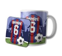 AK Giftshop Personalised Football Mug and Coaster Gift Set, 320ml Ceramic Cup, Sports Jersey Design with Name & Number On Shirt (Crystal Palace Colours)
