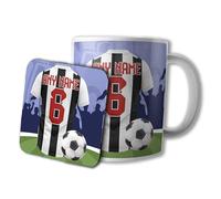 AK Giftshop Personalised Football Mug and Coaster Gift Set, 320ml Ceramic Cup, Sports Jersey Design with Name & Number On Shirt (Newcastle Colours)