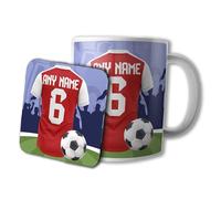 AK Giftshop Personalised Football Mug and Coaster Gift Set, 320ml Ceramic Cup, Sports Jersey Design with Name & Number On Shirt (Arsenal Colours)