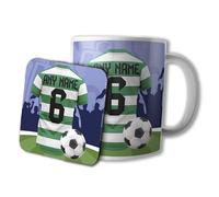 AK Giftshop Personalised Football Mug and Coaster Gift Set, 320ml Ceramic Cup, Sports Jersey Design with Name & Number On Shirt (Celtic Colours)