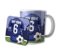 AK Giftshop Personalised Football Mug and Coaster Gift Set, 320ml Ceramic Cup, Sports Jersey Design with Name & Number On Shirt (Everton Colours)