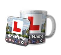 AK Giftshop Personalised Learner Driver Mug and Coaster Set, L-Plate Design, Road Signs,320ml, 17th Birthday Gift