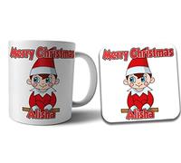 AK Giftshop Personalised Merry Christmas Red Elf Mug and Coaster Gift Set