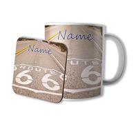 AK Giftshop Personalised Mug and Coaster Set - Route 66 - Gift - Birthday - Christmas - Stocking Filler - Secret Santa