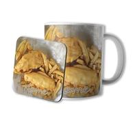 AK Giftshop Personalised Mug and Coaster Set - Takeaway Fish and Chips - Gift - Birthday - Christmas - Stocking Filler - Secret Santa