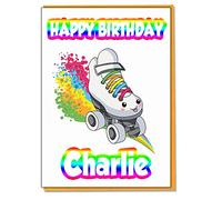 AK Giftshop Personalised Rainbow Roller Skate Birthday Card - Any Name Age Relative