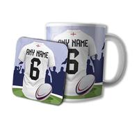 AK Giftshop Personalised Rugby Mug and Coaster Gift Set, 320ml Ceramic Cup, Sports Jersey Design with Name & Number On Shirt (England)