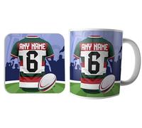 AK Giftshop Personalised Rugby Mug and Coaster Gift Set, 320ml Ceramic Cup, Sports Jersey Design with Name & Number On Shirt (Leicester)