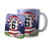 AK Giftshop Personalised Rugby Mug and Coaster Gift Set, 320ml Ceramic Cup, Sports Jersey Design with Name & Number On Shirt (Gloucester)