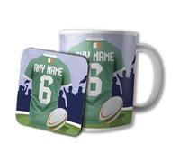 AK Giftshop Personalised Rugby Mug and Coaster Gift Set, 320ml Ceramic Cup, Sports Jersey Design with Name & Number On Shirt (Ireland)